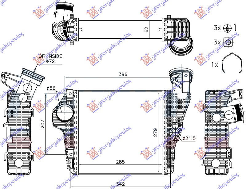 HLADNJAK INTERKULERA 3.0/3.6 BENZIN (285x279x62) - DESNO